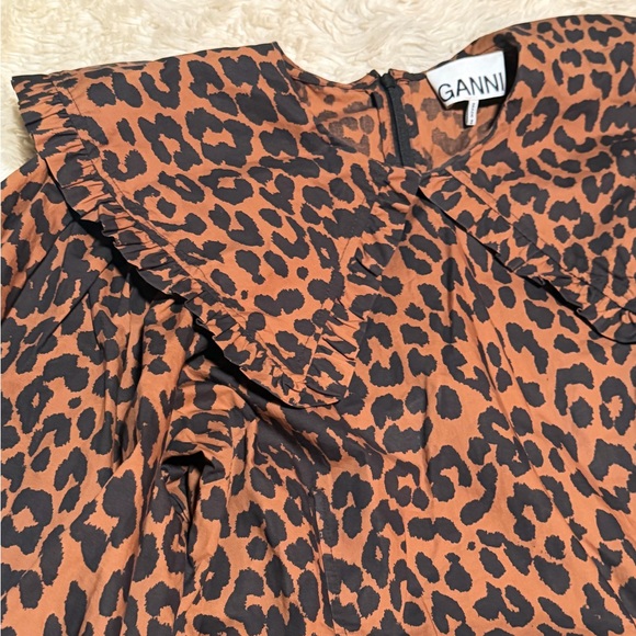 GANNI Ruffled-Collar Leopard-Print Poplin Mini Dress - Size 4 - Picture 3 of 7